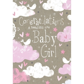 Henderson Greetings Card Baby Girl Clouds Birds Stars & Hearts
