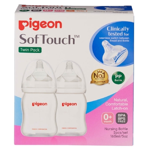Pigeon Wide Neck PP Bottle with SofTouch Peristaltic Plus Teat - 160ml - 2 Pack image 0 Large Image