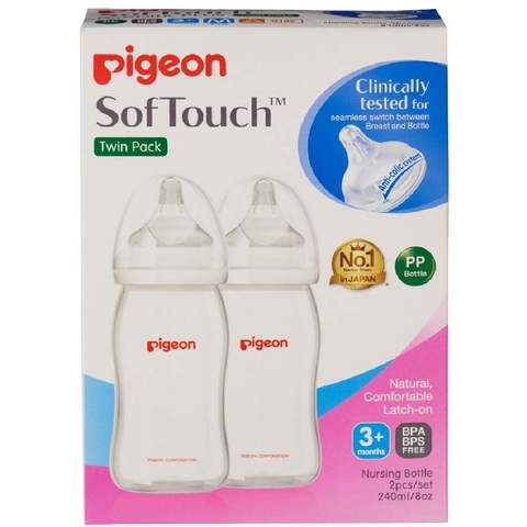 Pigeon Wide Neck PP Bottle with SofTouch Peristaltic Plus Teat - 240ml - 2 Pack image 0 Large Image