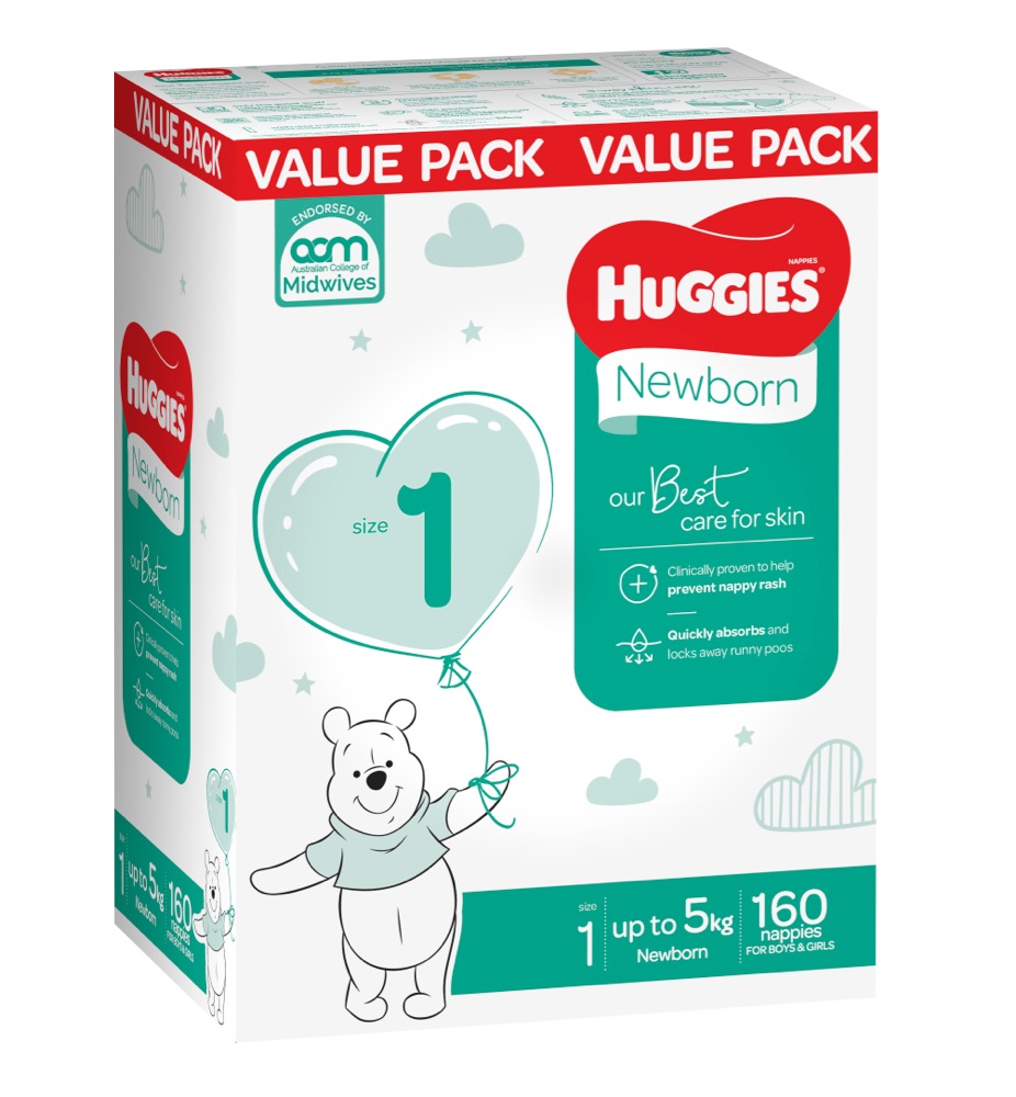 Huggies Nappies Mega Newborn Size 1 - 160 Pack | Disposable | Baby Bunting AU