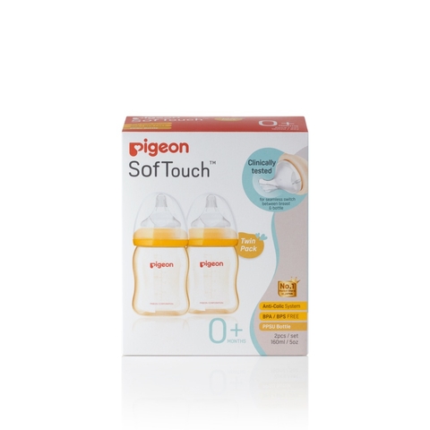 Pigeon Wide Neck PPSU Bottle with SofTouch Peristaltic Plus Teat - 160ml - 2 Pack image 0 Large Image