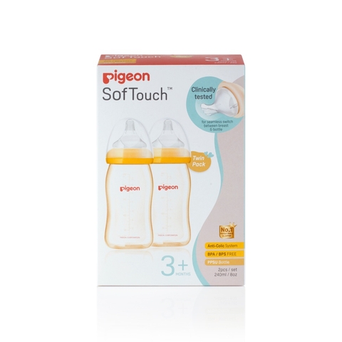 Pigeon Wide Neck PPSU Bottle with SofTouch Peristaltic Plus Teat - 240ml - 2 Pack image 0 Large Image