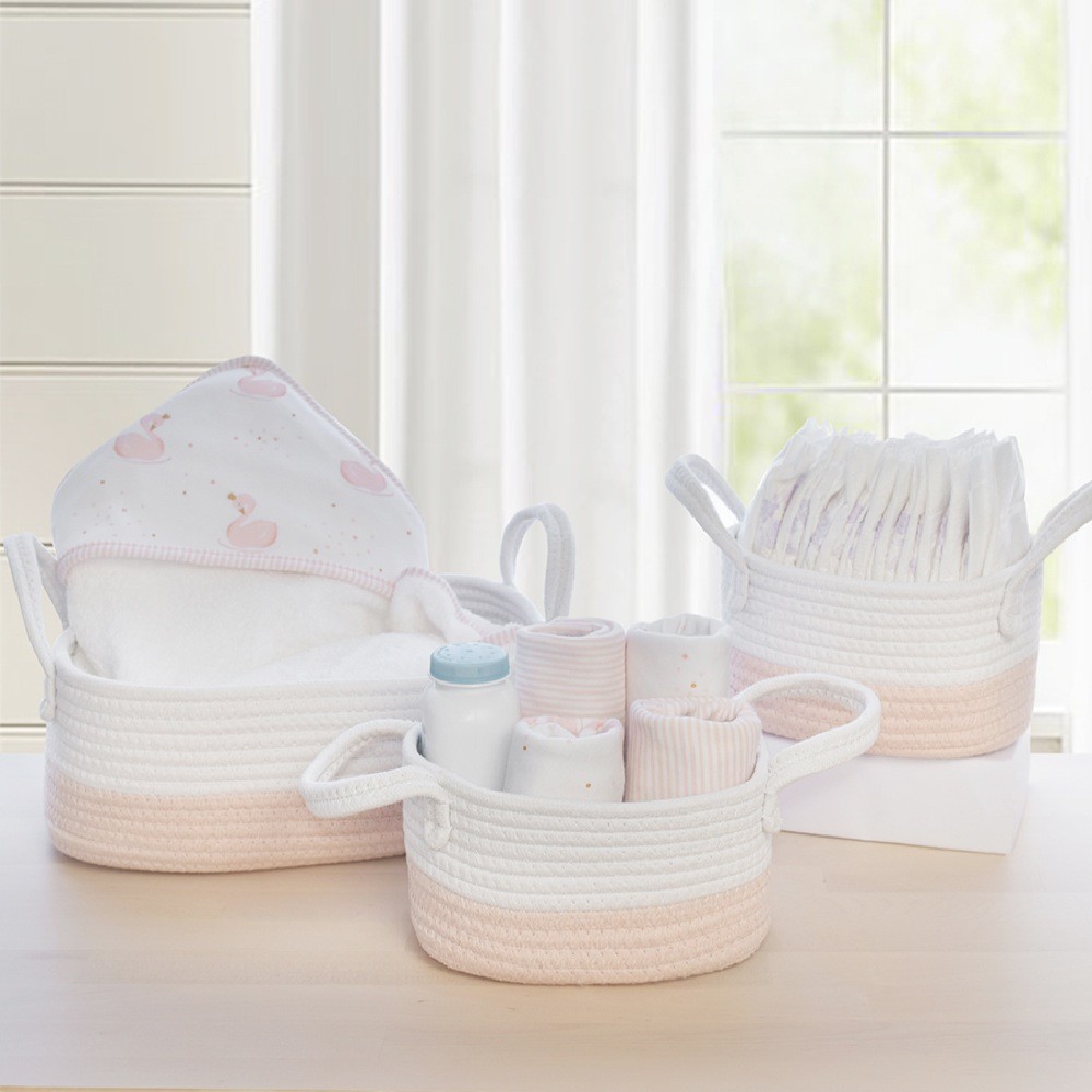 Living Textiles Cotton Rope Basket Pink 3 Piece Storage Baby Bunting AU
