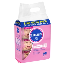 Curash Baby Wipes Fragrance Free 3 x 80 Pack