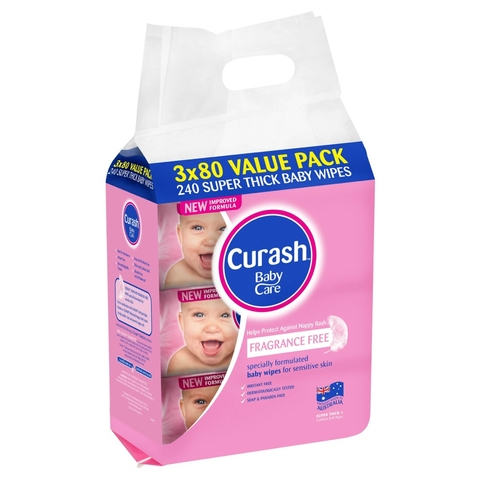 Curash Baby Wipes Fragrance Free 3 x 80 Pack image 0 Large Image