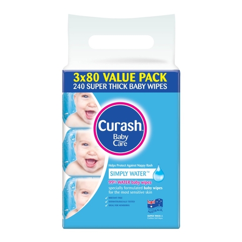 Curash Baby Wipes Simply Water 3 x 80 Pack image 0 Large Image