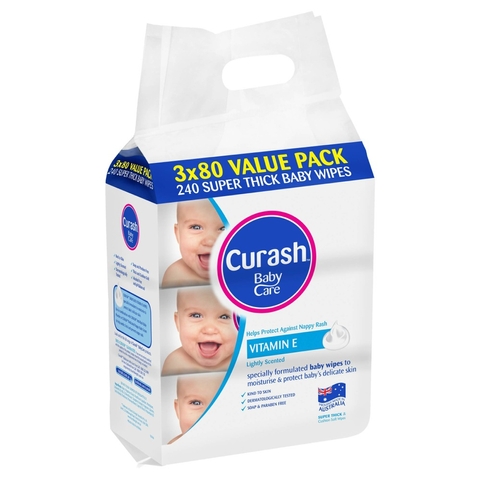 Curash Baby Wipes Vitamin E 3 x 80 Pack image 0 Large Image