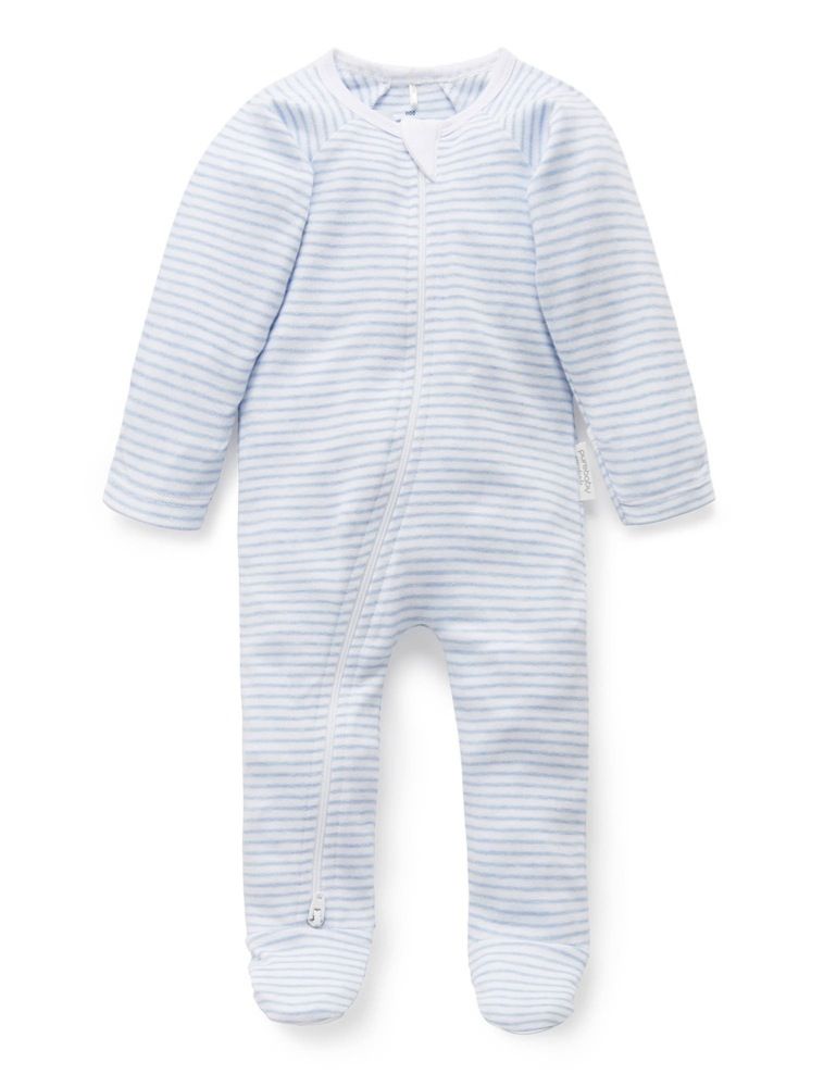 Purebaby Zip Growsuit Blue Melange Stripe | All in Ones | Baby Bunting AU