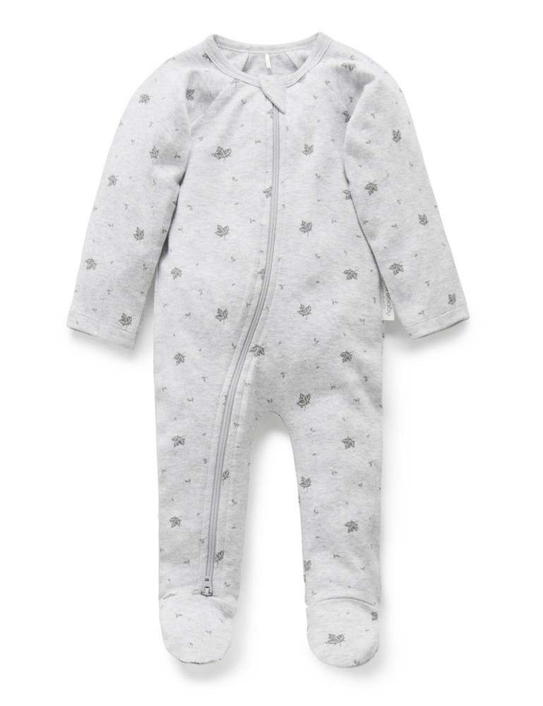 Purebaby Zip Growsuit Grey Leaf | Baby Onesies | Baby Bunting AU