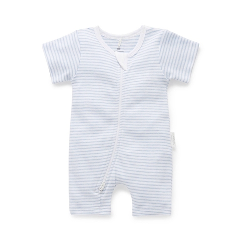 Purebaby Short Sleeve Zip Growsuit Blue Melange Stripe image 0 Large Image