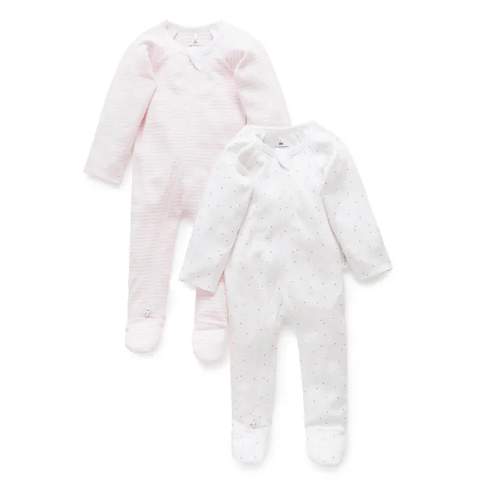 Purebaby 2 Pack Zip Growsuit Stripe/Spot Pink