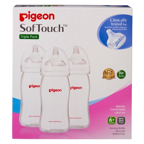 Pigeon Wide Neck PP Bottle with SofTouch Peristaltic Plus Teat - 330ml - 3 Pack image 0 Large Image