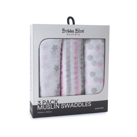 Bubba Blue Essentials Muslin Wrap Pink 3 Pack image 0 Large Image