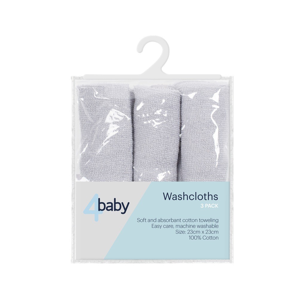 4Baby Wash Cloth Grey 3 Pack Face Washers Baby Bunting AU