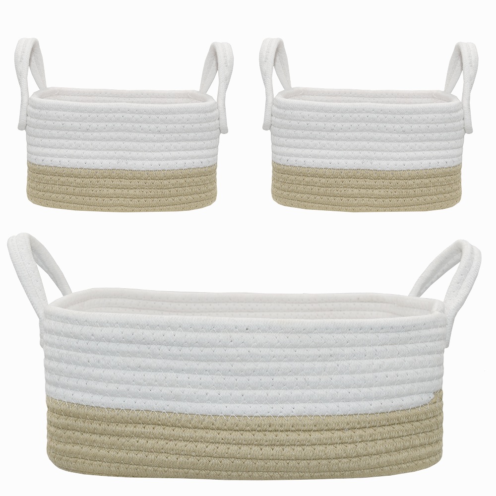 Set of 3 Cotton Rope Storage Baskets and Bin Organizer With Two Handles Grey 