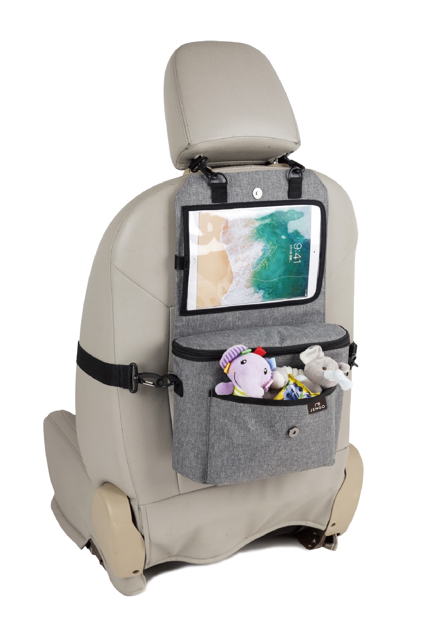 Jengo Pack & Go Car Organiser Grey Marle Car Seat Extension Straps