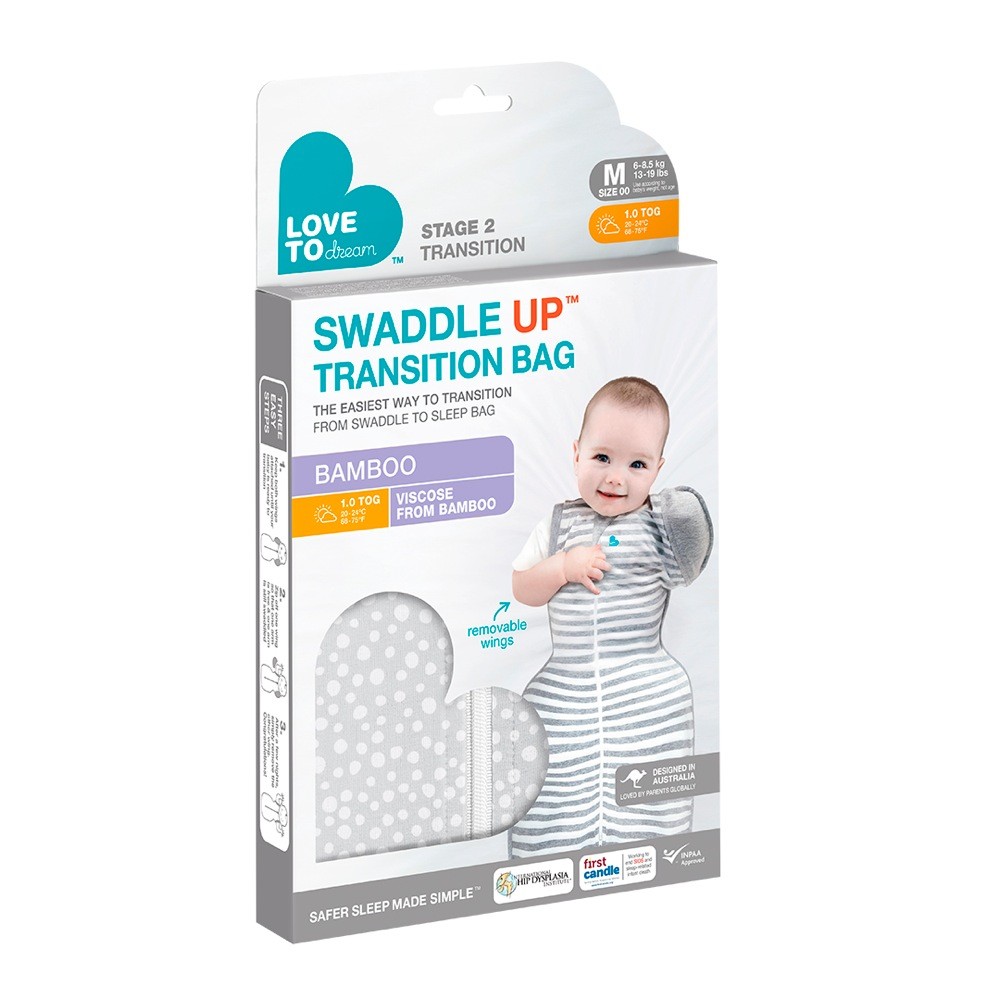 Love To Dream Swaddle Up Bamboo Transition Bag 1.0 Tog Wave Dot Grey
