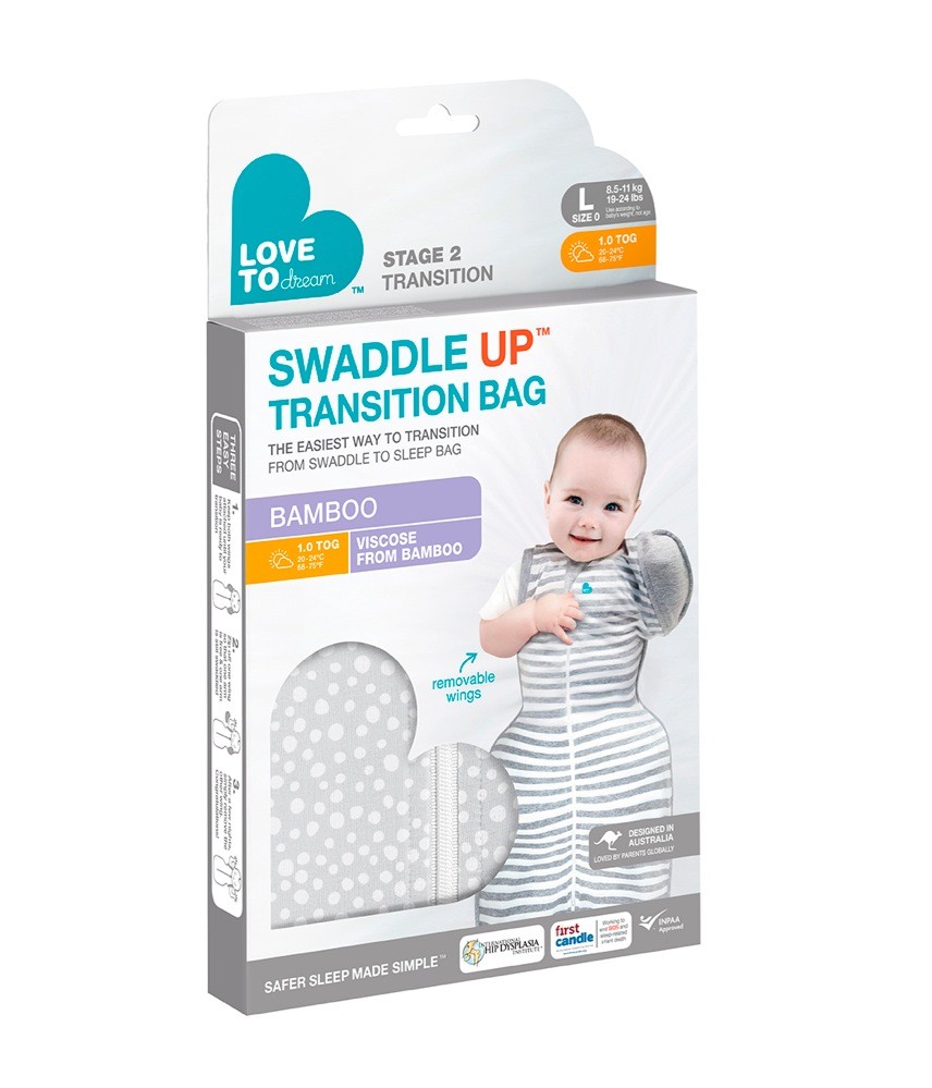 Love To Dream Swaddle Up Bamboo Transition Bag 1.0 Tog Wave Dot Grey