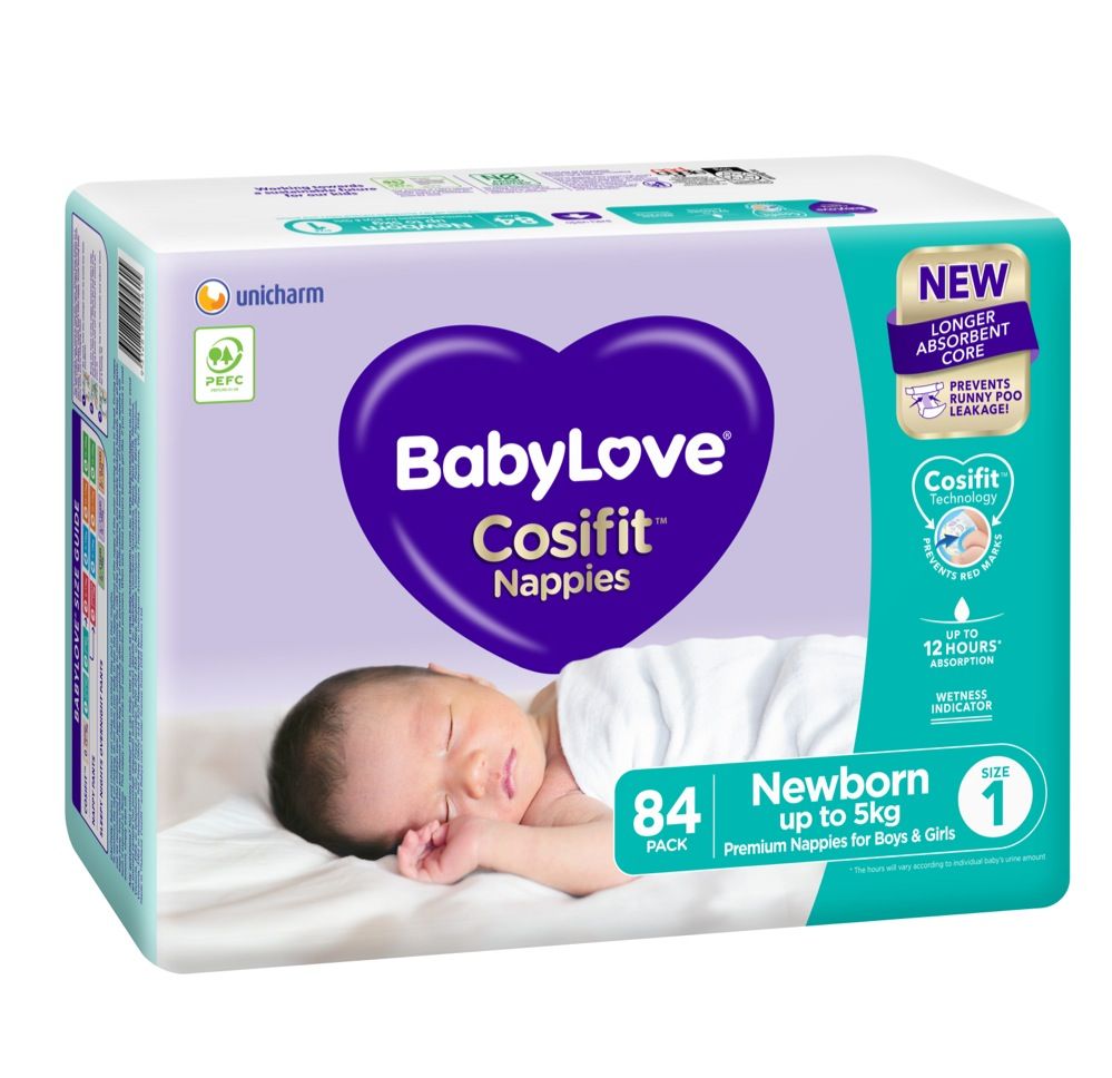 Babylove Cosifit Nappies - Jumbo Bag - Newborn - Size 1 - 84 Pack | Disposable | Baby Bunting AU