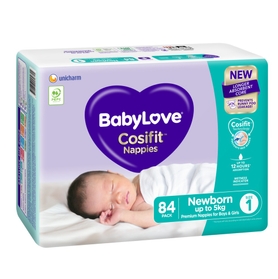 Babylove Cosifit Nappies - Jumbo Bag - Newborn - Size 1 - 84 Pack