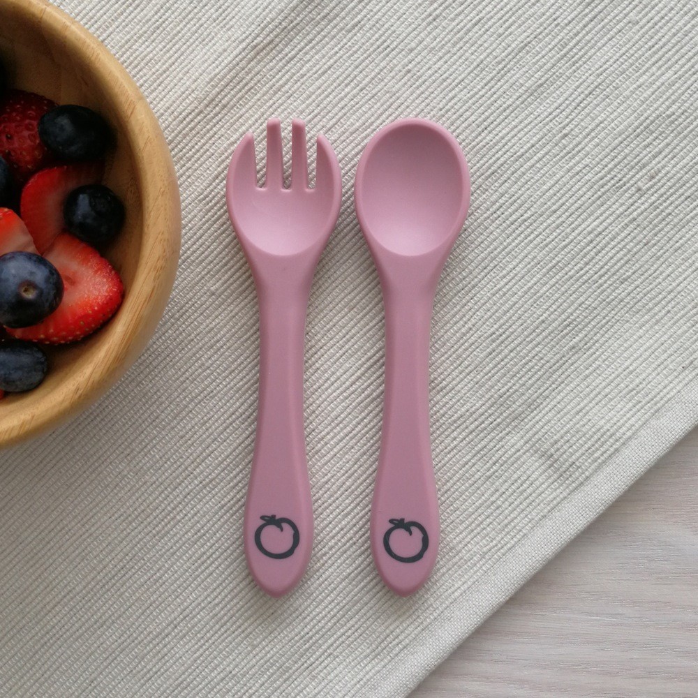 Plum Silicone Spoon & Fork Set Dusty Berry 2 Pack Cutlery Baby