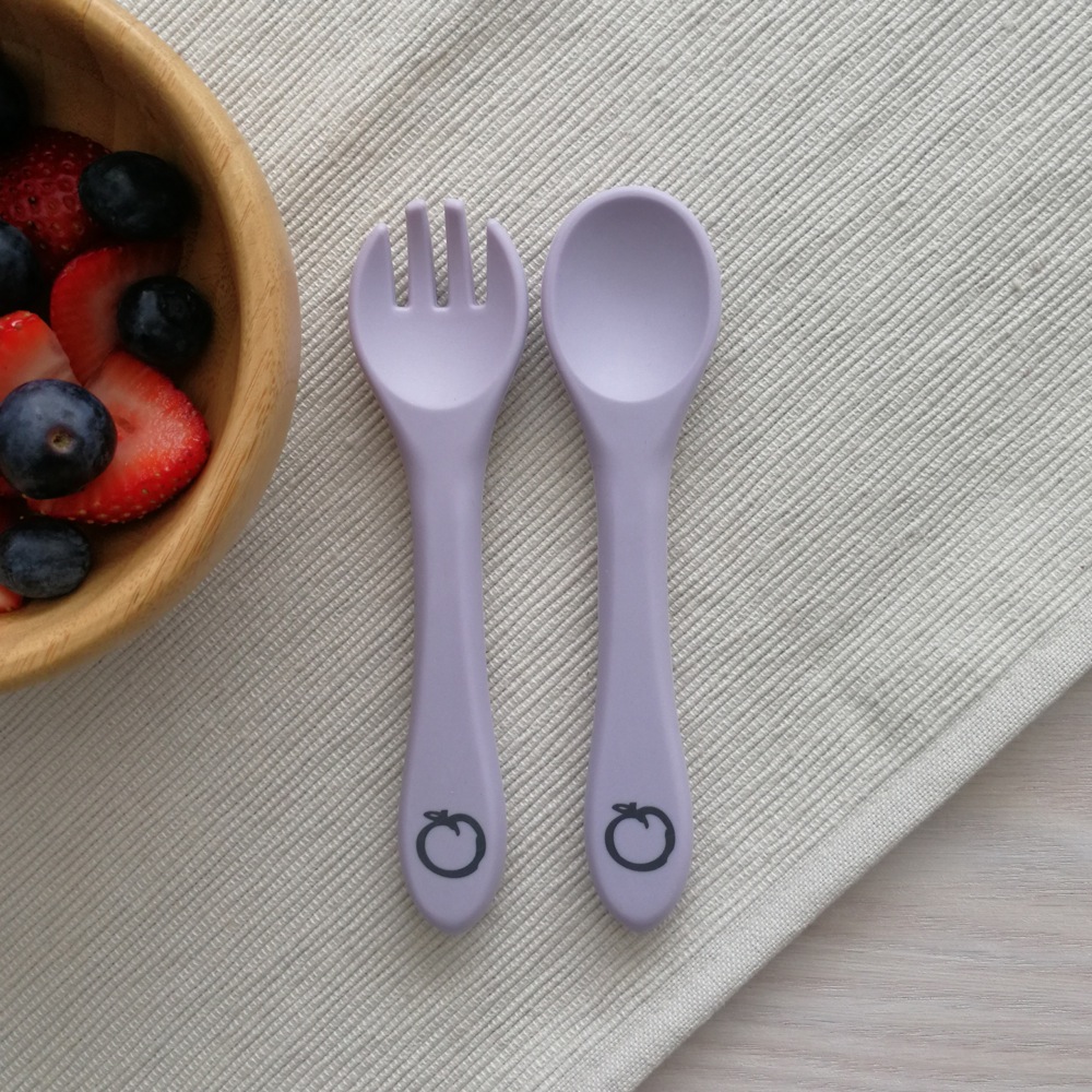 Plum Silicone Spoon & Fork Set - Smokey Lilac - 2 Pack | Cutlery | Baby Bunting AU