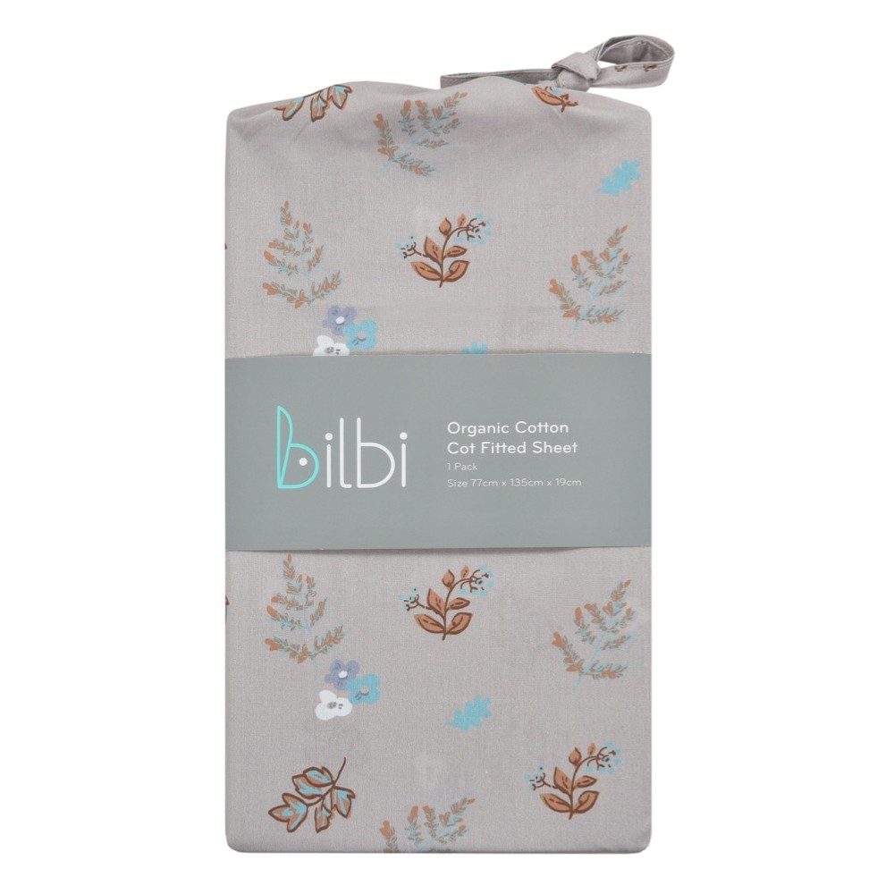 Bilbi Organic Cotton Cot Fitted Sheet Foliage Stone