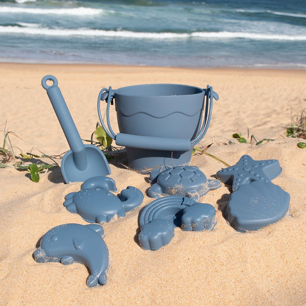 Playground Silicone 8 piece Bucket & Spade Set Steel Blue Beach & Sand Baby Bunting AU