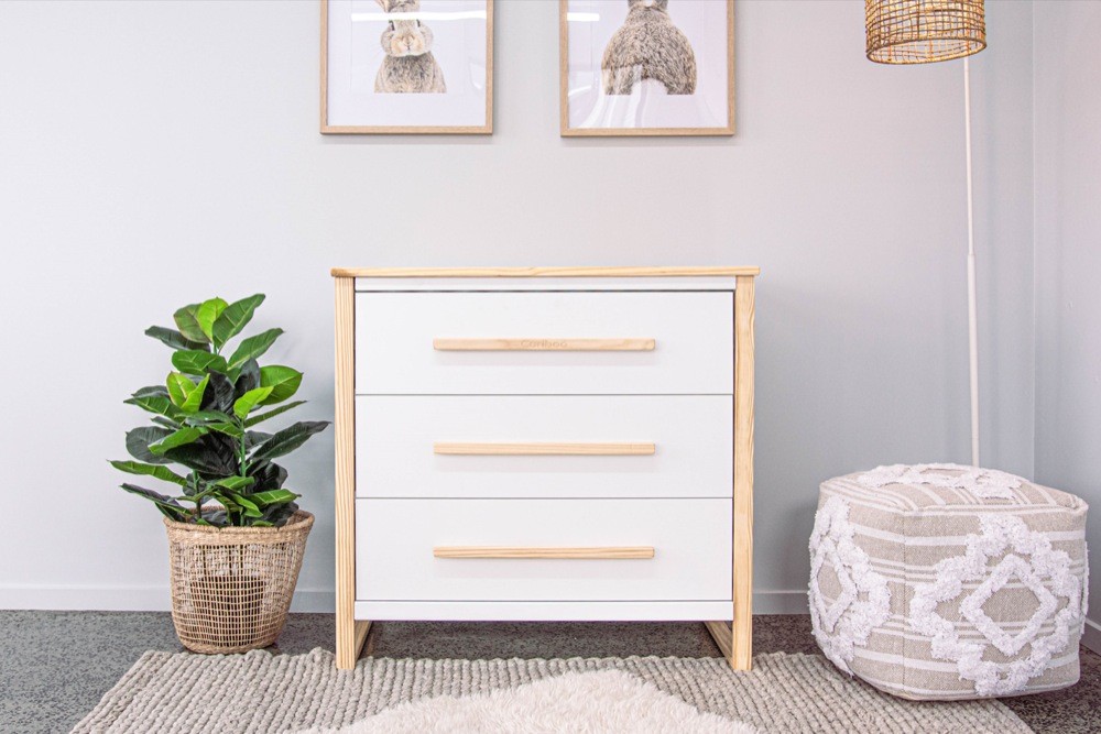 Cariboo Dresser Change Table White & Natural Drawers Baby Bunting NZ