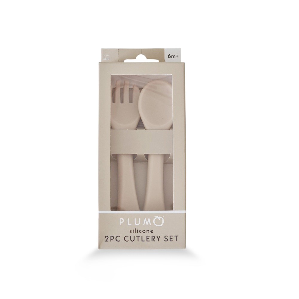 Plum Silicone Spoon & Fork Set Sand 2 Pack Cutlery Baby Bunting AU