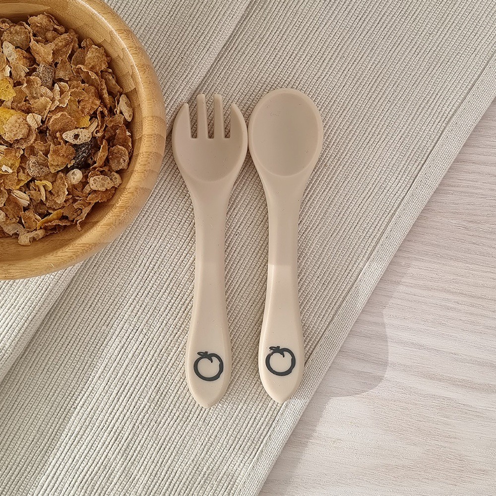 Plum Silicone Spoon & Fork Set Sand 2 Pack Cutlery Baby Bunting AU
