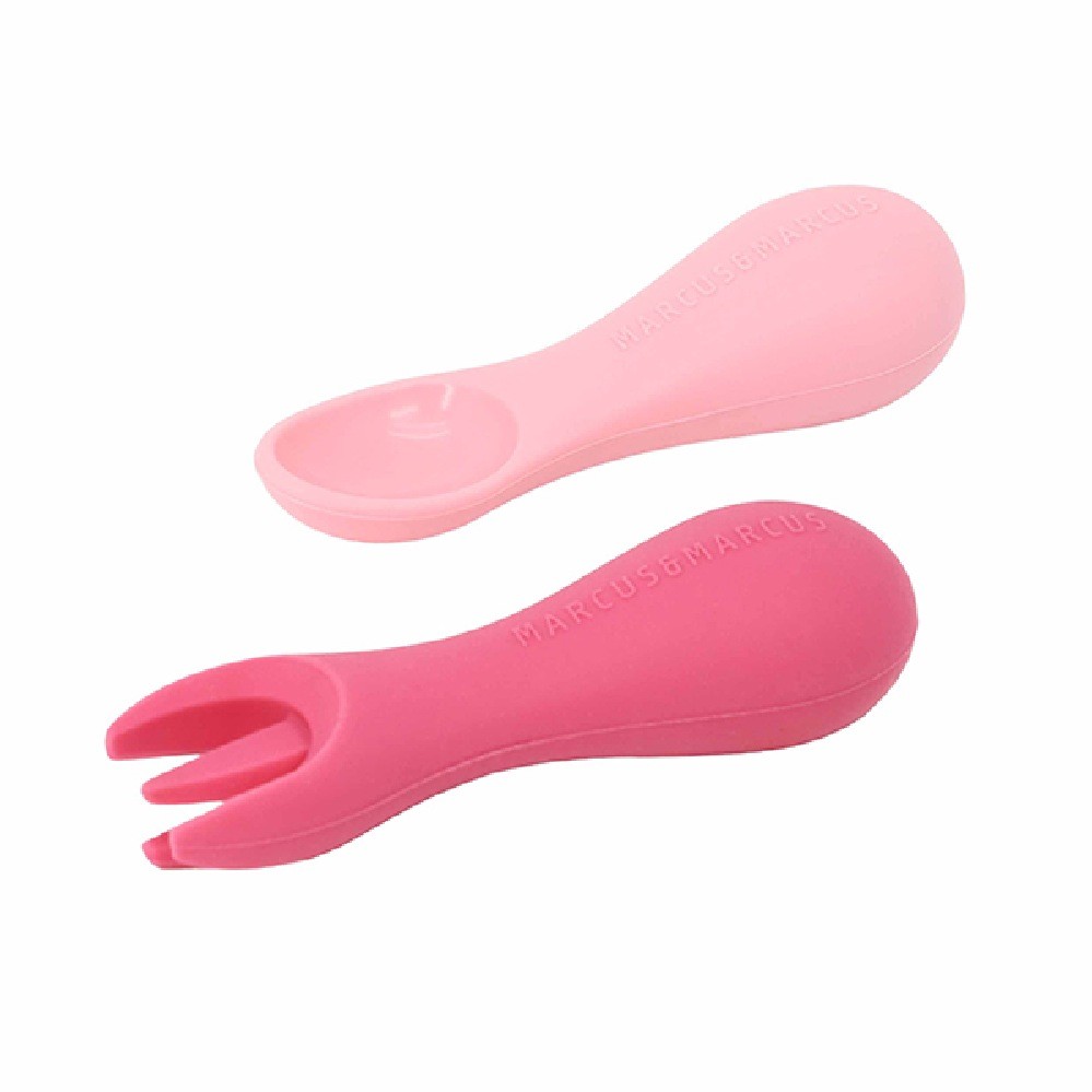 Marcus & Marcus Silicone Spoon & Fork - Pink | Cutlery | Baby Bunting AU