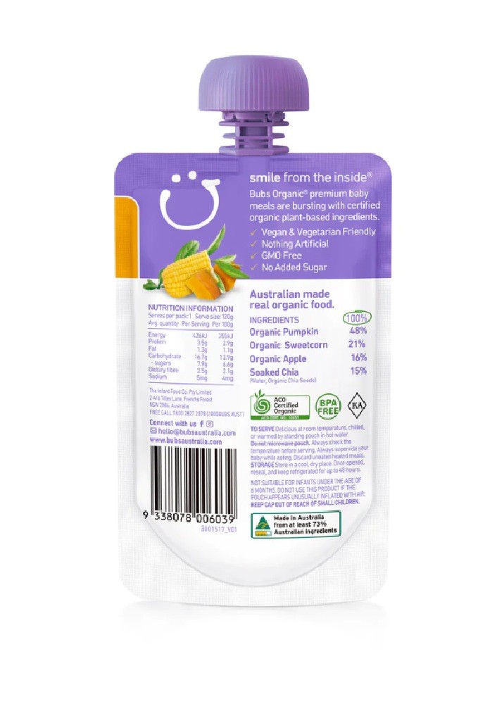 Bubs Food & Formula Corn Pumpkin Chia 120 Grams Baby Bunting AU