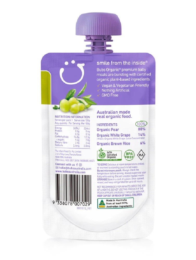 Bubs Food & Formula Pear White Grape 120 Grams Baby Bunting AU