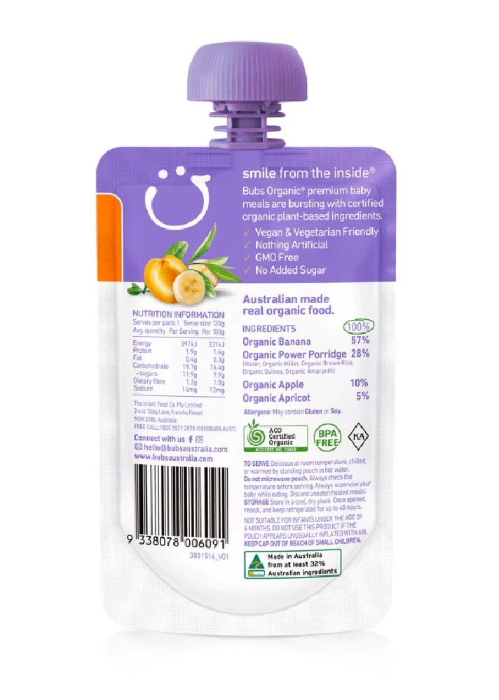 Bubs Food & Formula Banana Apricot Porridge 120 Grams Baby Bunting AU