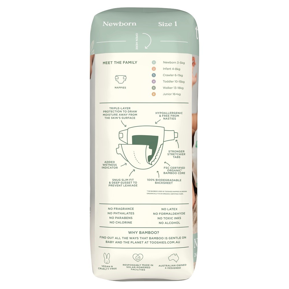 Tooshies Eco Nappies Size 1 Newborn 26 Pack Disposable Baby Bunting AU