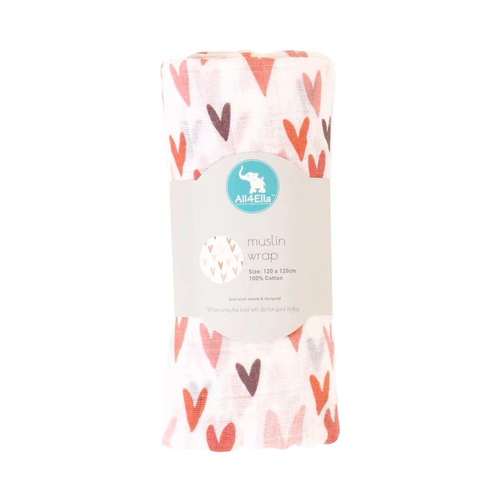 All4Ella Muslin Wrap Hearts Wraps Baby Bunting AU