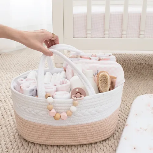 Living Textiles Cotton Rope Nappy Caddy Blush/White Baby Bunting AU