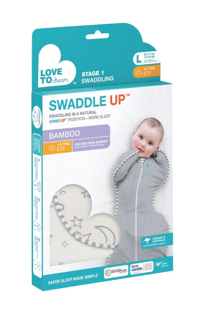 Love To Dream Swaddle Up Bamboo Original Stars & Moon Cream 1 Tog Newborn Baby Bunting AU