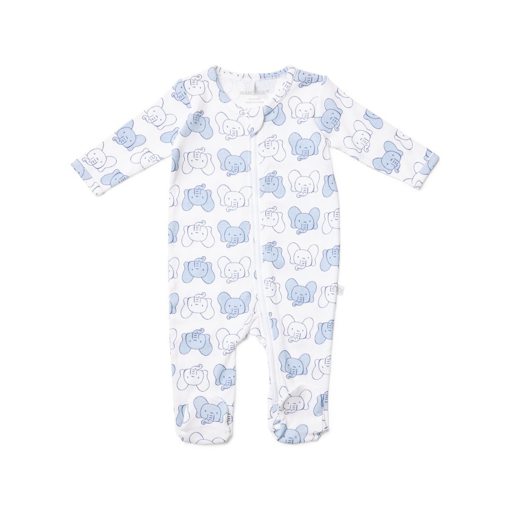 Marquise Coverall Zip Elephant White/Blue | Baby Onesies | Baby Bunting AU