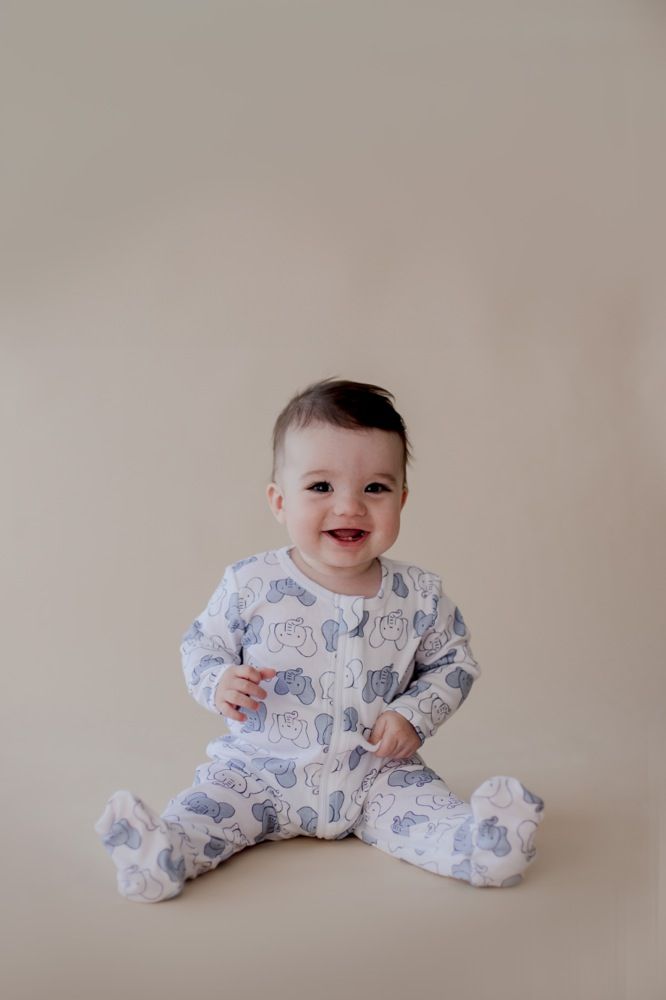 Marquise Coverall Zip Elephant White/Blue | Baby Onesies | Baby Bunting AU