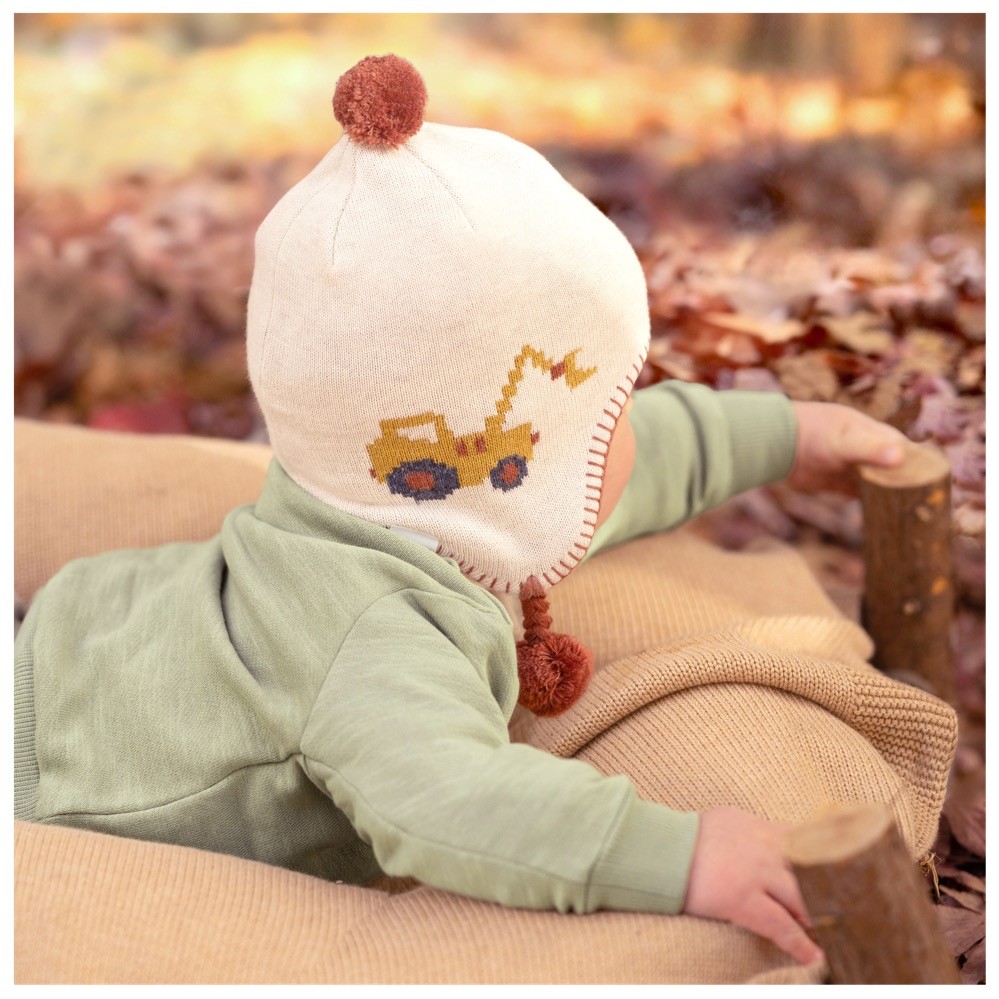 Toshi Beanie Earmuff Earthmover Cream Baby Earmuffs Baby Bunting AU