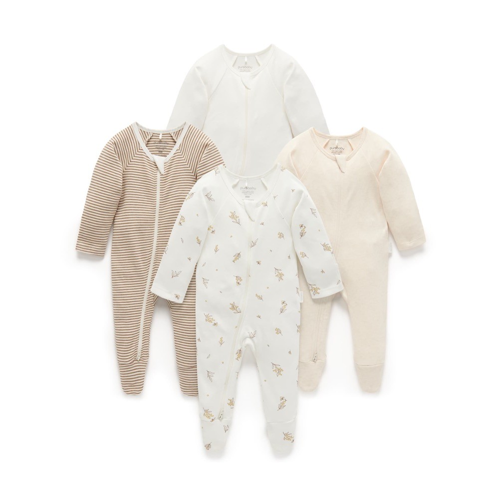 Purebaby Zip Growsuit 4 Pack Wattle Bee Size 00