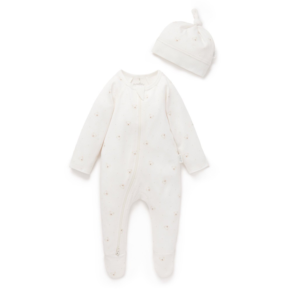 Purebaby Essential Growsuit & Hat 2 Piece Set Bear White Size 0-3 Months