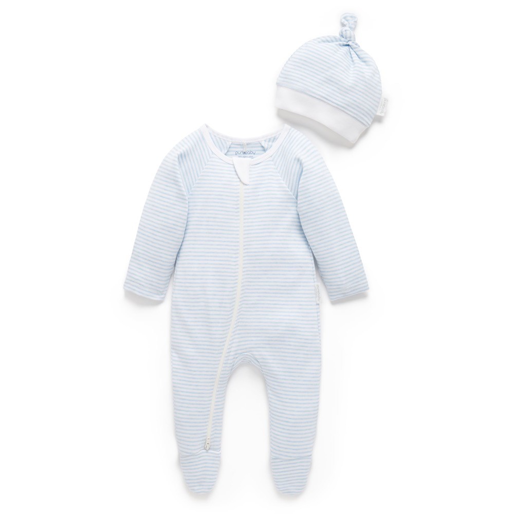 Purebaby Essential Growsuit & Hat 2 Piece Set Stripe Blue Size 3-6 Months