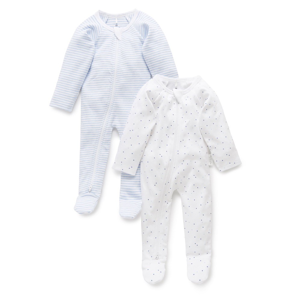 Purebaby Essential Growsuit 2 Pack Blue Size 3-6 Months