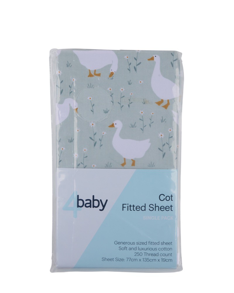 4Baby Fitted Sheet Cot Percale Happy Goose Sage | Cot | Baby Bunting AU