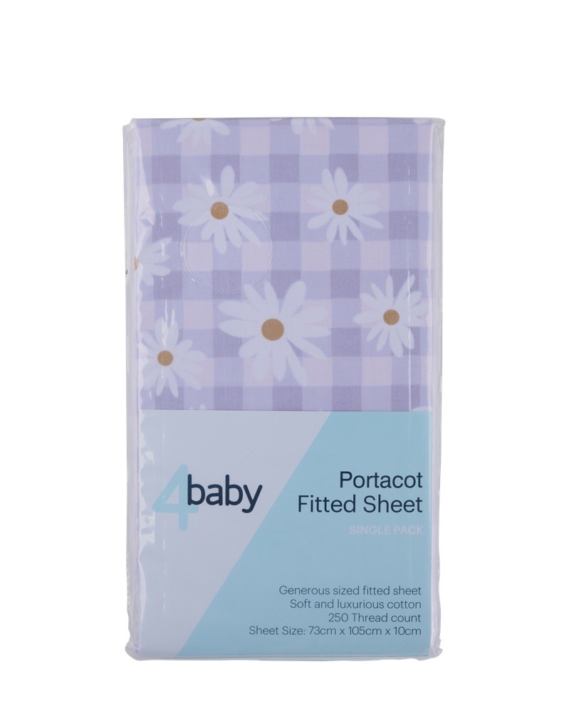 4Baby Fitted Sheet Portacot Percale Check Daisy Lilac Cradle Baby