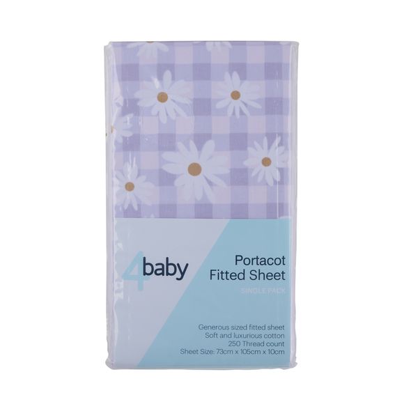 4baby Percale Portacot Fitted Sheet Check Daisy Lilac
