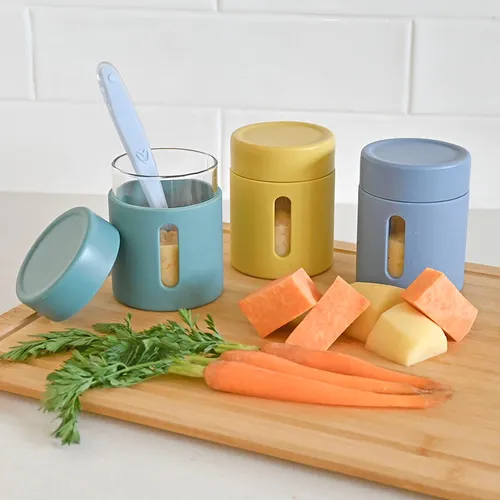 Little Rawr Glass Food Jar With Silicone Sleeve - Blue/Teal/Sunshine 3Pk | Baby Bunting NZ